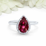 3ct Pear Pink Ruby Engagement Ring Diamond Halo Minimalist 14k White Gold Finish