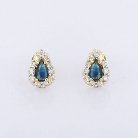 1.7ct Stud Earrings Pear Cut Blue Sapphire Diamond Halo 14k Yellow Gold Finish