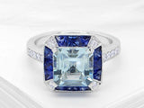 2ct Asscher Cut Blue Aquamarine Art Deco Engagement Ring 14k White Gold Finish