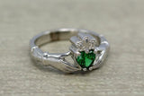 1ct Heart Cut Green Emerald Engagement Ring Claddagh Irish 14k White Gold Finish