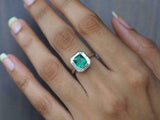 2ct Engagement Ring Cushion Cut Green Emerald Baguette Halo 14k WhiteGold Finish