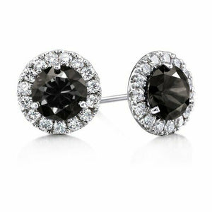 1ct Round Cut Black Diamond Solitaire Halo Stud Earrings 14k White Gold Finish