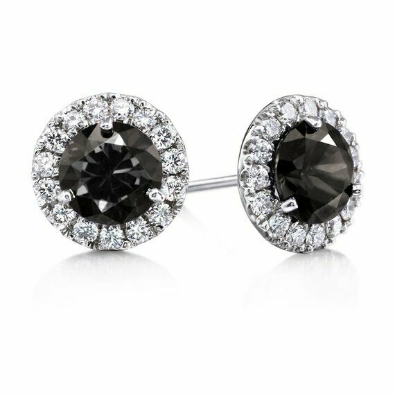 1ct Round Cut Black Diamond Solitaire Halo Stud Earrings 14k White Gold Finish