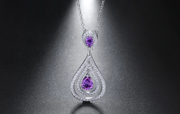 2.6ct Pear Cut Purple Amethyst Pendant Chain Halo Water Drop 14k White Gold Over