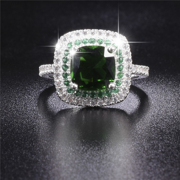 2ct Cushion Cut Green Emerald Engagement Ring 14k White Gold Finish Double Halo