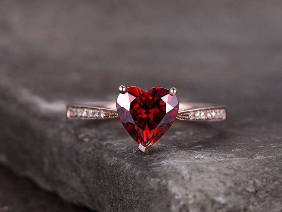 1ct Heart Cut Red Garnet Solitaire Wedding Engagement Ring 14k Rose Gold Finish