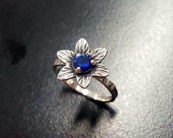 1ct Engagement Ring Round Cut Blue Sapphire Flower Solitaire 14k White Gold Over