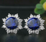 4ct Round Blue Sapphire Diamond Halo Cocktail Stud Earrings 14K White Gold Over