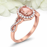 2ct Oval Cut Peach Morganite Engagement Ring Twist Shank Halo 14k Rose Gold Over