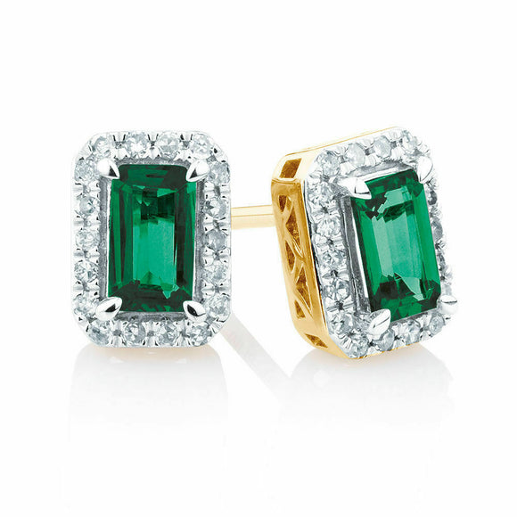 1ct Emerald Cut Green Emerald Halo Style Stud Earrings 14k Yellow Gold Finish