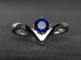 0.7ct Round Blue Sapphire Engagement Ring 14k White Gold Finish Unique V Curved