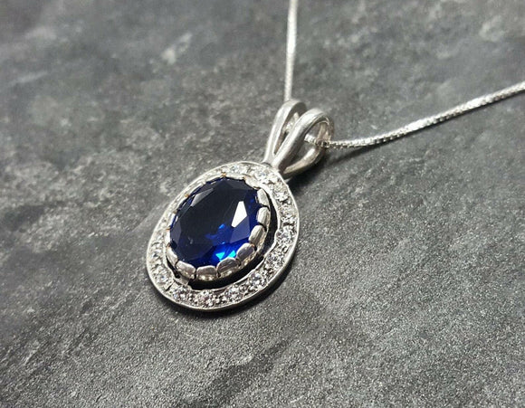 2.2ct Blue Sapphire Pendant Oval Cut Vintage Halo 14k White Gold Finish NO CHAIN