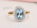 2.3ct Oval Cut Blue Aquamarine Engagement Ring Milgrain Halo 14k DualGold Finish