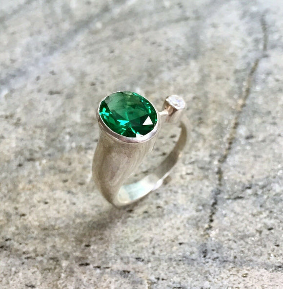 1ct Engagement Ring Oval Cut Green Emerald Two Stone 14k White Gold Finish