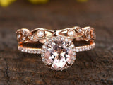 2ct Round Cut Peach Morganite Engagement Ring 14k Rose Gold Over Halo Bridal Set