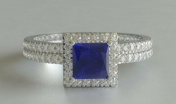 2.4ct Princess Cut Blue Sapphire Engagement Ring Bridal Set 14k WhiteGold Finish