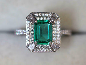 3ct Engagement Ring Green Emerald Cut Round Accent Dual Halo 14k White Gold Over