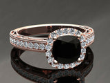 2.7ct Cushion Cut Black Diamond Halo Milgrain Bridal Set Ring 14k Rose Gold Over