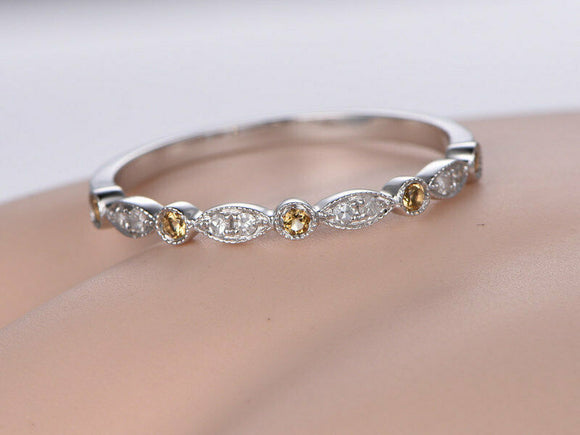 1ct Round Cut Yellow Citrine Half Eternity Vintage Band 14k White Gold Finish