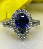 1.5ct Pear Cut Blue Sapphire Accents Halo Engagement Ring 14k White Gold Finish