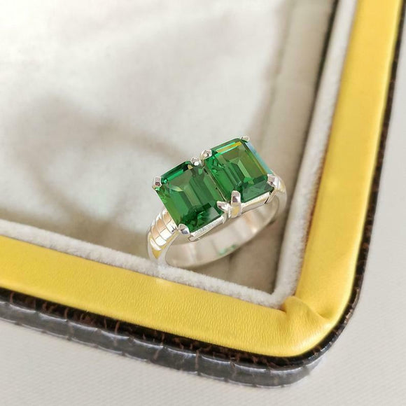 2ct Engagement Ring Green Emerald Cut Two Stone Solitaire 14k White Gold Finish