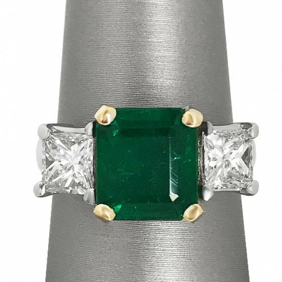 2Ct Asscher Cut Green Emerald Three Stone Engagement Ring 14K Dual Gold Finish