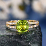 2Ct Cushion Cut Green Peridot Split Shank Engagement Ring 14K Yellow Gold Finish