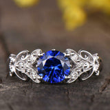 2ct Round Cut Blue Sapphire Solitaire Floral Filigree Ring 14k White Gold Finish