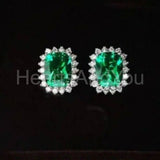 2ct Cushion Simulated Emerald Cluster Halo Stud Earrings 14k White Gold Plated