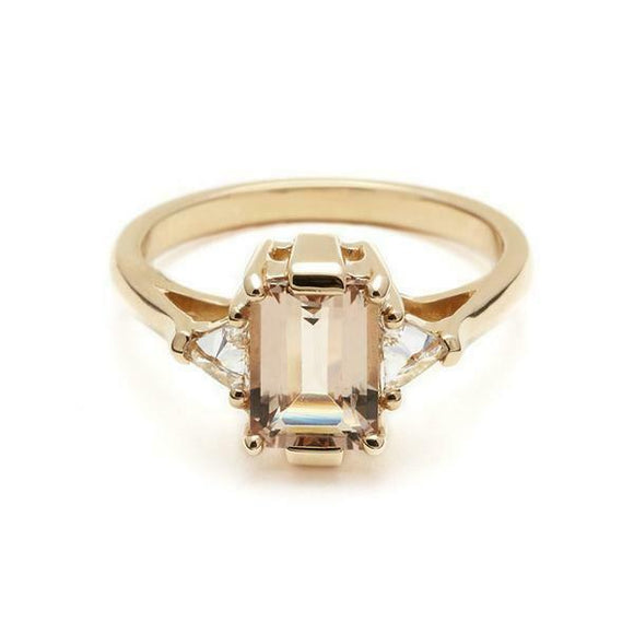 1.5ct Emerald Cut Champagne Diamond Engagement Ring 14k Yellow Gold Over Trilogy