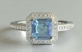 1.5ct Asscher Cut Blue Aquamarine Engagement Ring Halo 14k White Gold Finish