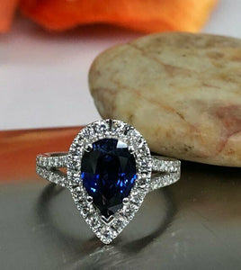 1.5ct Pear Cut Blue Sapphire Accents Halo Engagement Ring 14k White Gold Finish