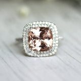 4Ct Cushion Cut Morganite Diamond Dual Halo Engagement Ring 14K White Gold Over