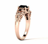 Floral Filigree Solitaire Ring 1.6ct Round Cut Black Diamond 14k RoseGold Finish