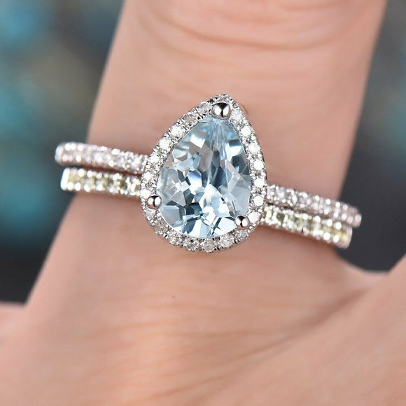 1.4ct Pear Cut Blue Aquamarine Engagement Ring 14k White Gold Finish Bridal Set