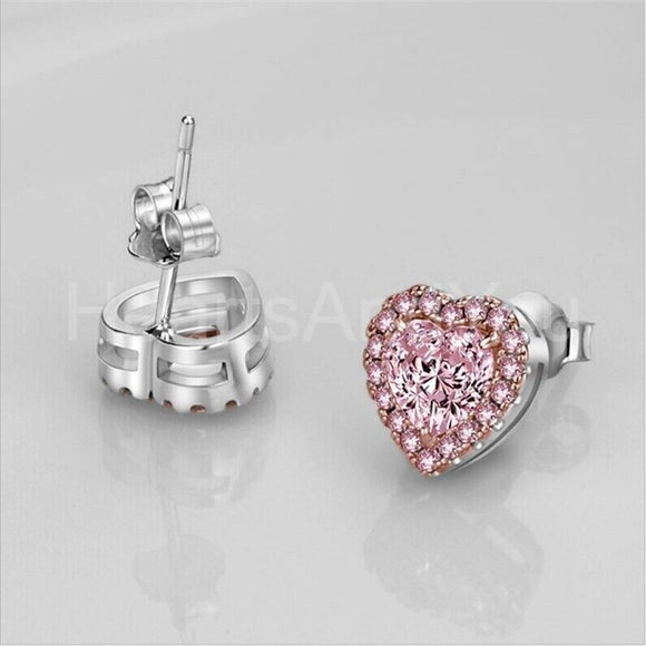 1ct Heart Cut Simulated Pink Sapphire Halo Stud Earrings 14k White Gold Plated