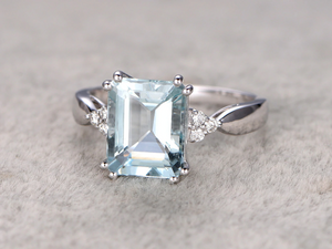 1.5ct Emerald Cut Blue Aquamarine Petite Solitaire Ring 14k White Gold Finish