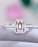 3Ct Emerald Cut Peach Morganite Halo Ring 14K White Gold Over with Round Accents