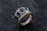 2.3ct Round Cut Blue Sapphire Wide Antique Inspired Ring 14k White Gold Finish