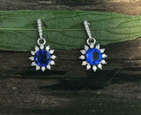 1.5ct Round Cut Blue Sapphire Diamond Floral Drop Earrings 14k White Gold Finish