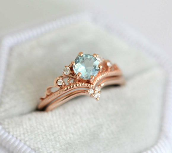 1.2ct Round Cut Aquamarine Crown Bridal Set Engagement Ring 14k Rose Gold Finish