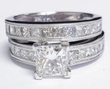 Milgrain Bridal Set Engagement Ring 3ct Princess Cut Diamond 14k White Gold Over