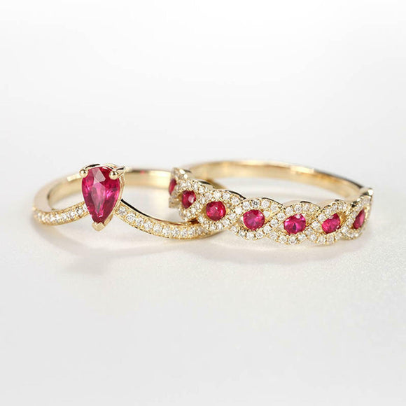 2.4ct Pear Cut Pink Ruby Bridal Set Wedding Engagement Ring 14k Yellow Gold Over