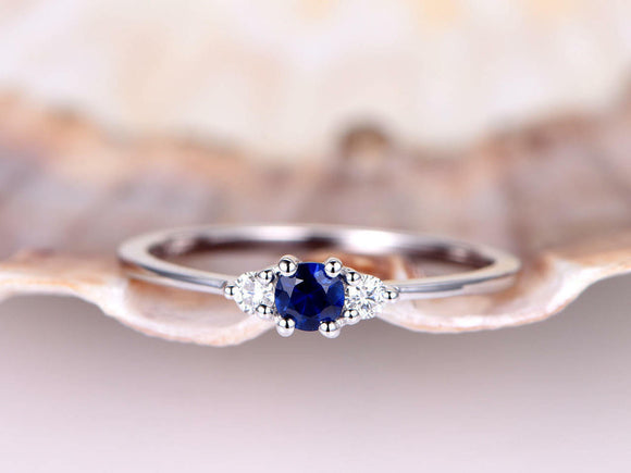 0.3ct Round Cut Blue Sapphire Engagement Ring 14k White Gold Finish Minimalist