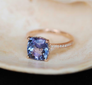 2ct Cushion Blue Tanzanite Engagement Ring Accents Solitaire 14k Rose Gold Over