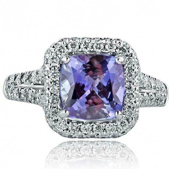 3.67ct Cushion Cut Tanzanite Engagement Ring Split Band Halo 14k White Gold Over