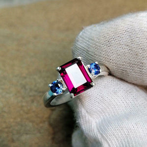 2ct Engagement Ring Emerald Cut Pink Ruby Three Stone 14k White Gold Finish