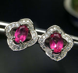 2.3ct Stud Earrings Oval Cut Pink Ruby Halo Design 14k White Gold Finish