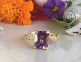 2ct Emerald Cut Purple Amethyst Round Diamond Accent Ring 14k Yellow Gold Finish