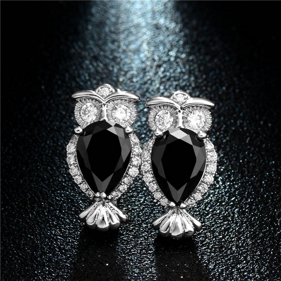 2Ct Pear Black Diamond Lucky Owl Drop Earrings For Women 14K White Gold Finish